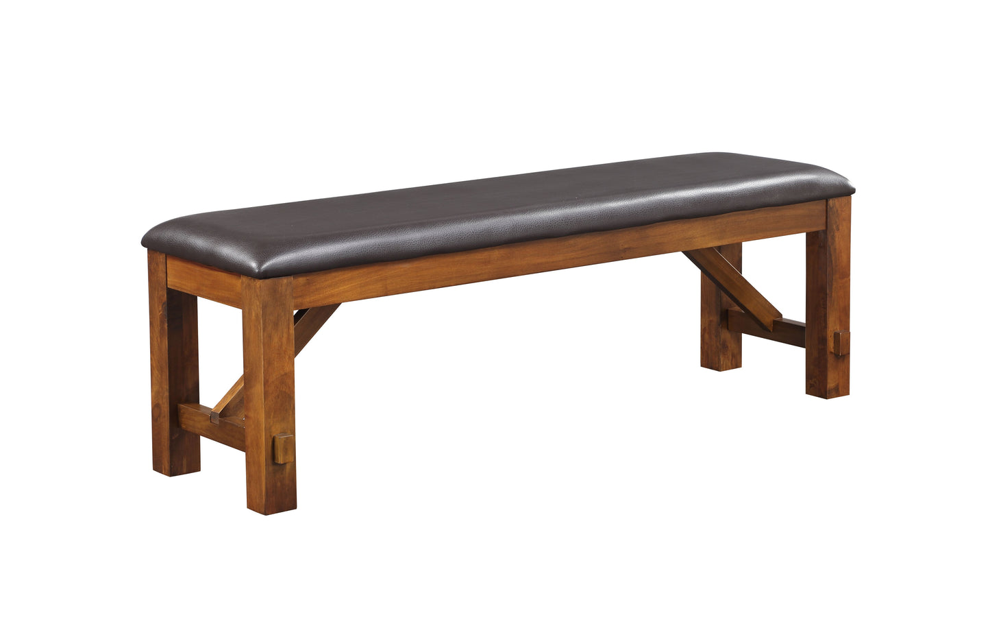 Wooden bench with dark brown faux leather seat perfect for entryways