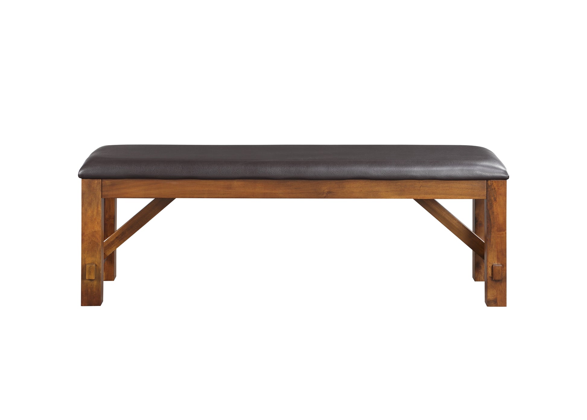 Brown faux leather upholstered wooden bench