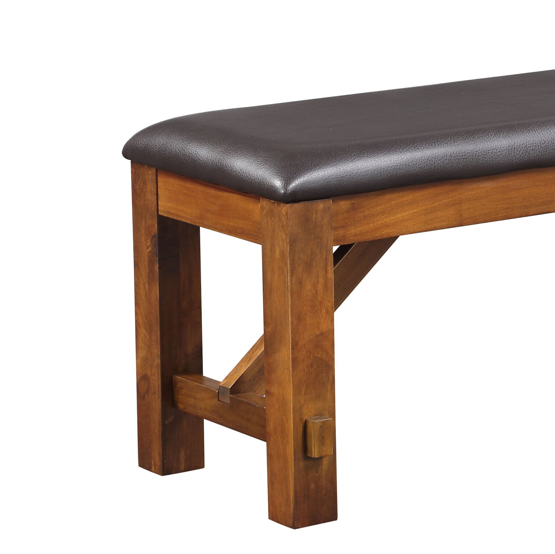 Wooden bench with dark brown faux leather seat
