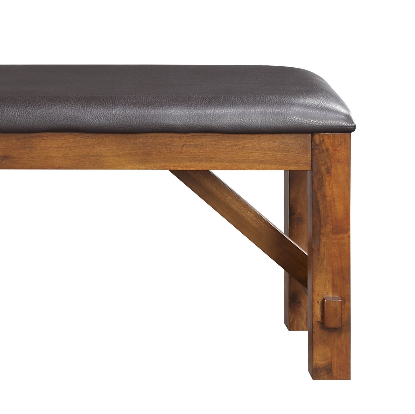 Wooden bench with dark brown faux leather seat