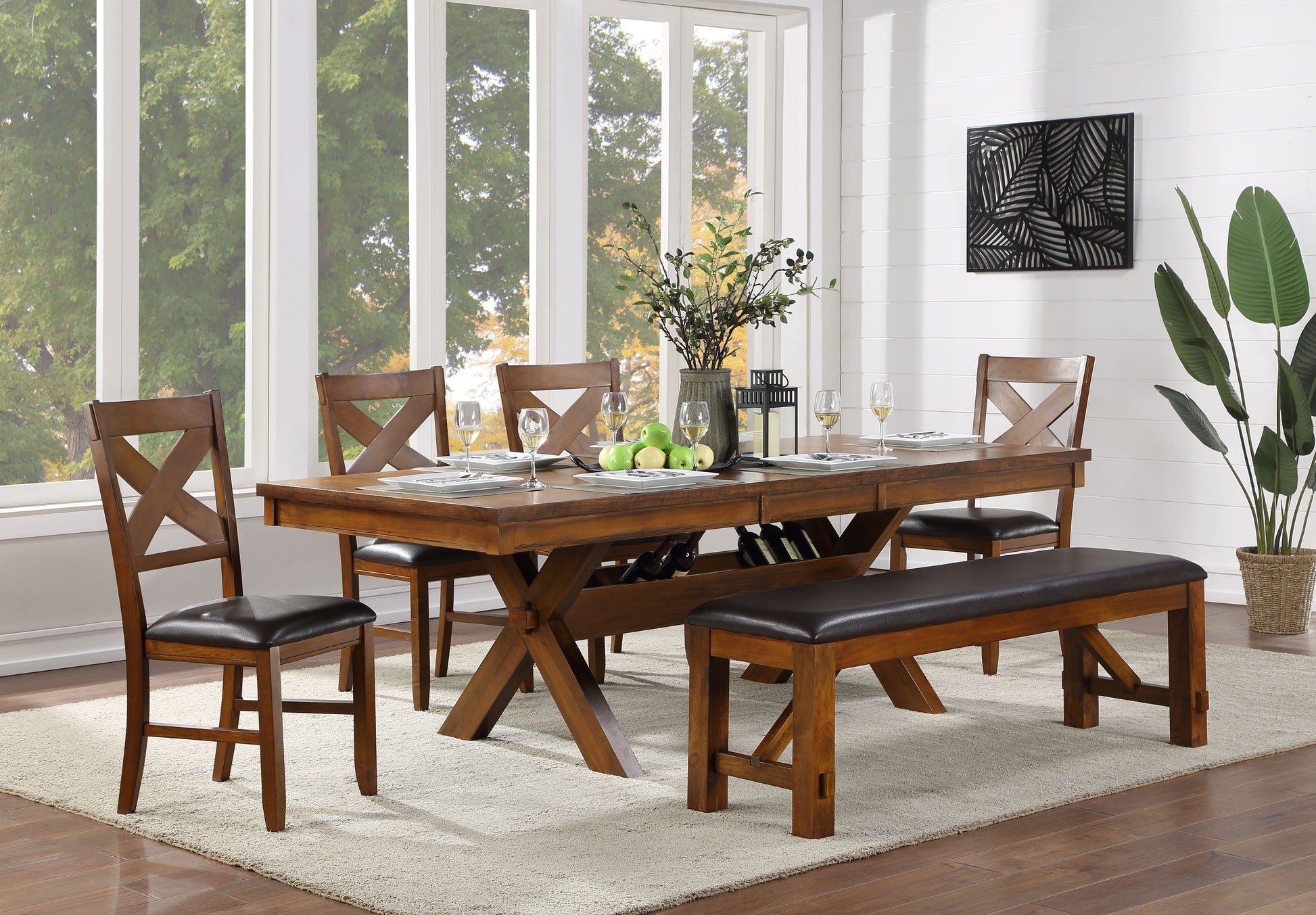 Rustic wooden dining table with chairs and bench