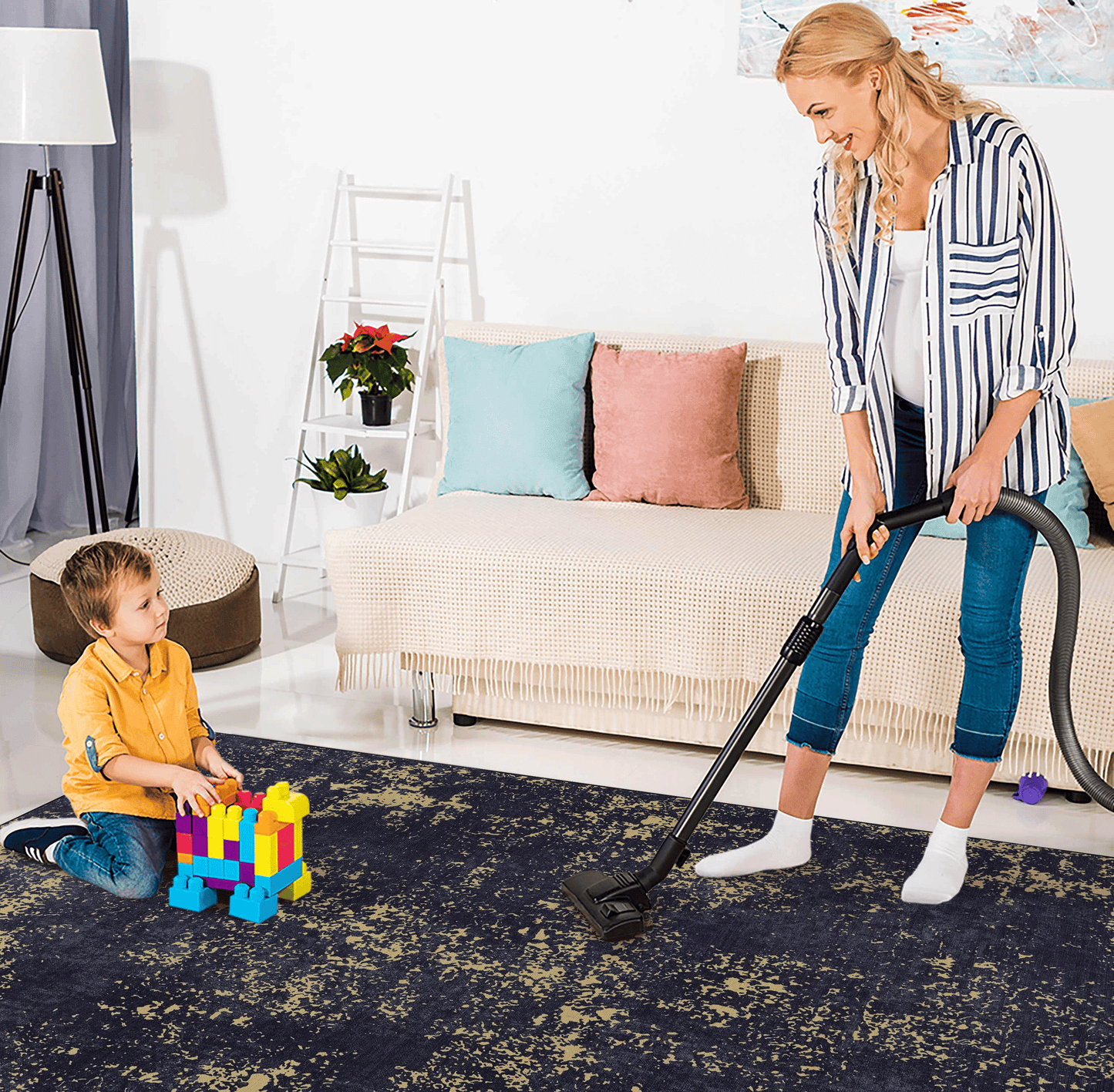 Navy abstract distressed area rug perfect for modern living rooms