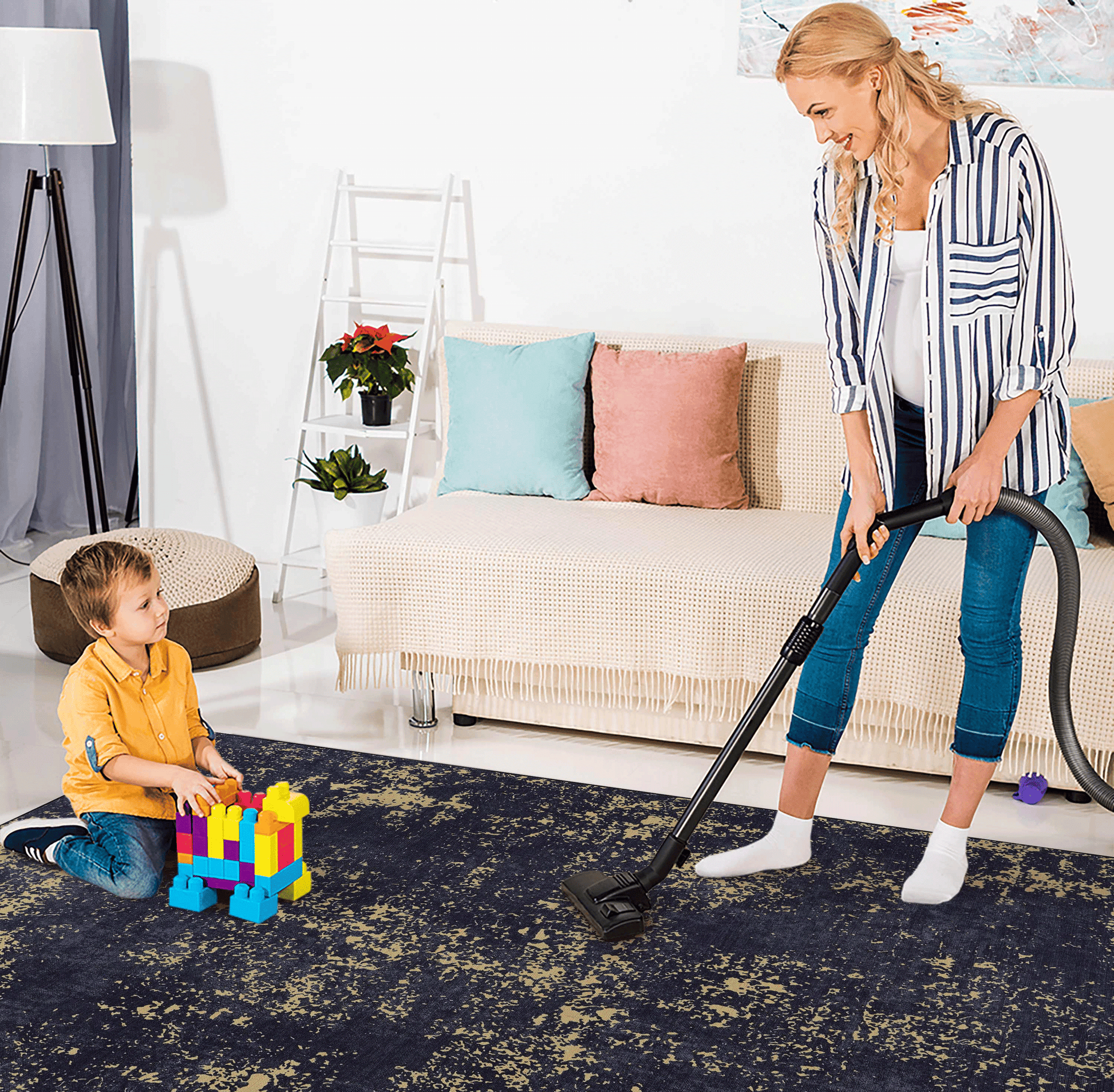 Navy abstract distressed area rug perfect for modern living rooms