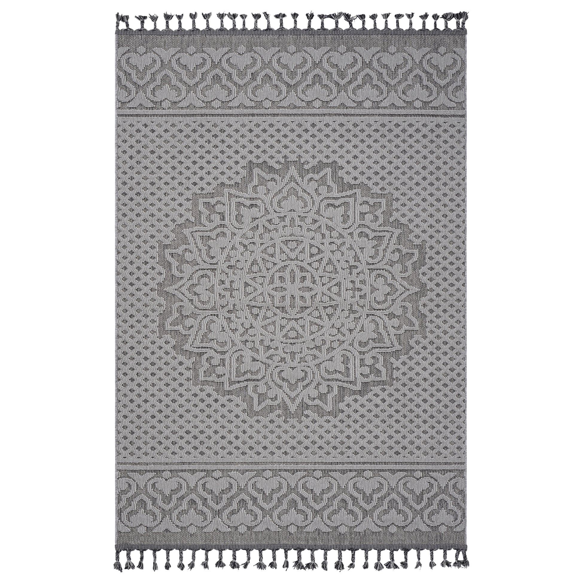 Gray geometric patterned rug with tassels and a central medallion design