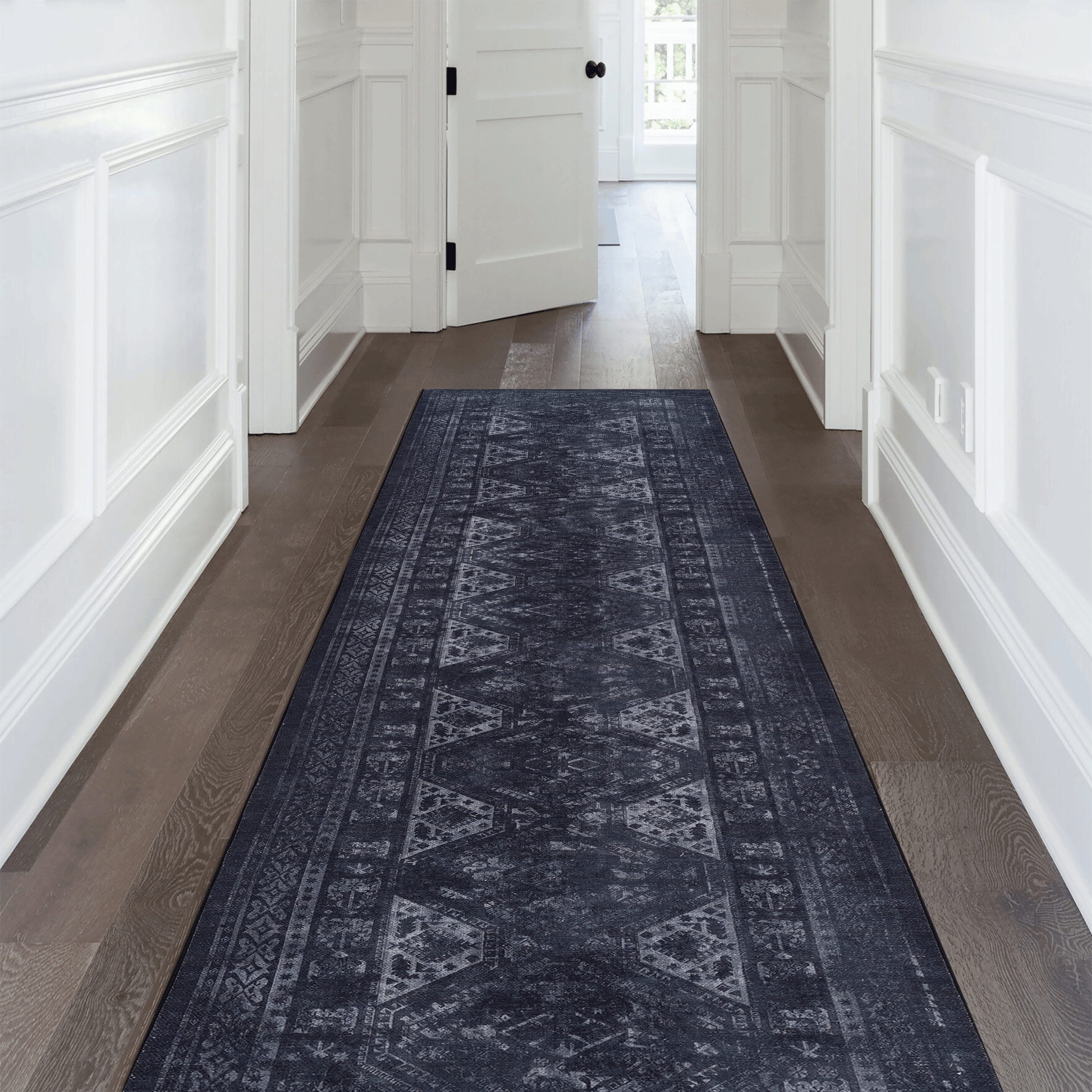 Dark blue distressed Persian runner rug with geometric pattern for hallway