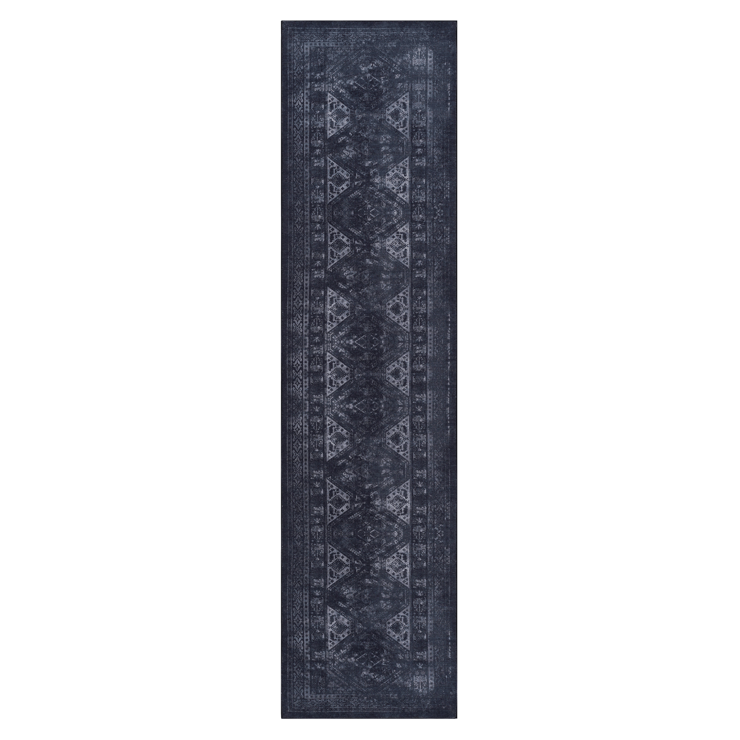 Dark navy runner rug with distressed Persianinspired geometric pattern for entryways