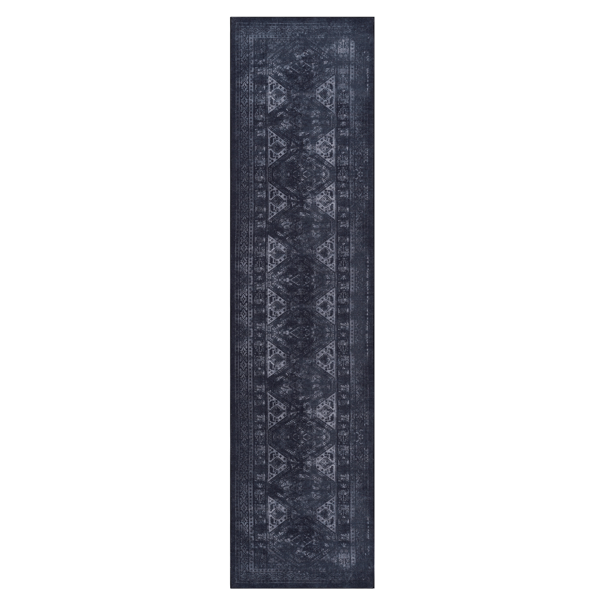 Dark navy runner rug with distressed Persianinspired geometric pattern for entryways