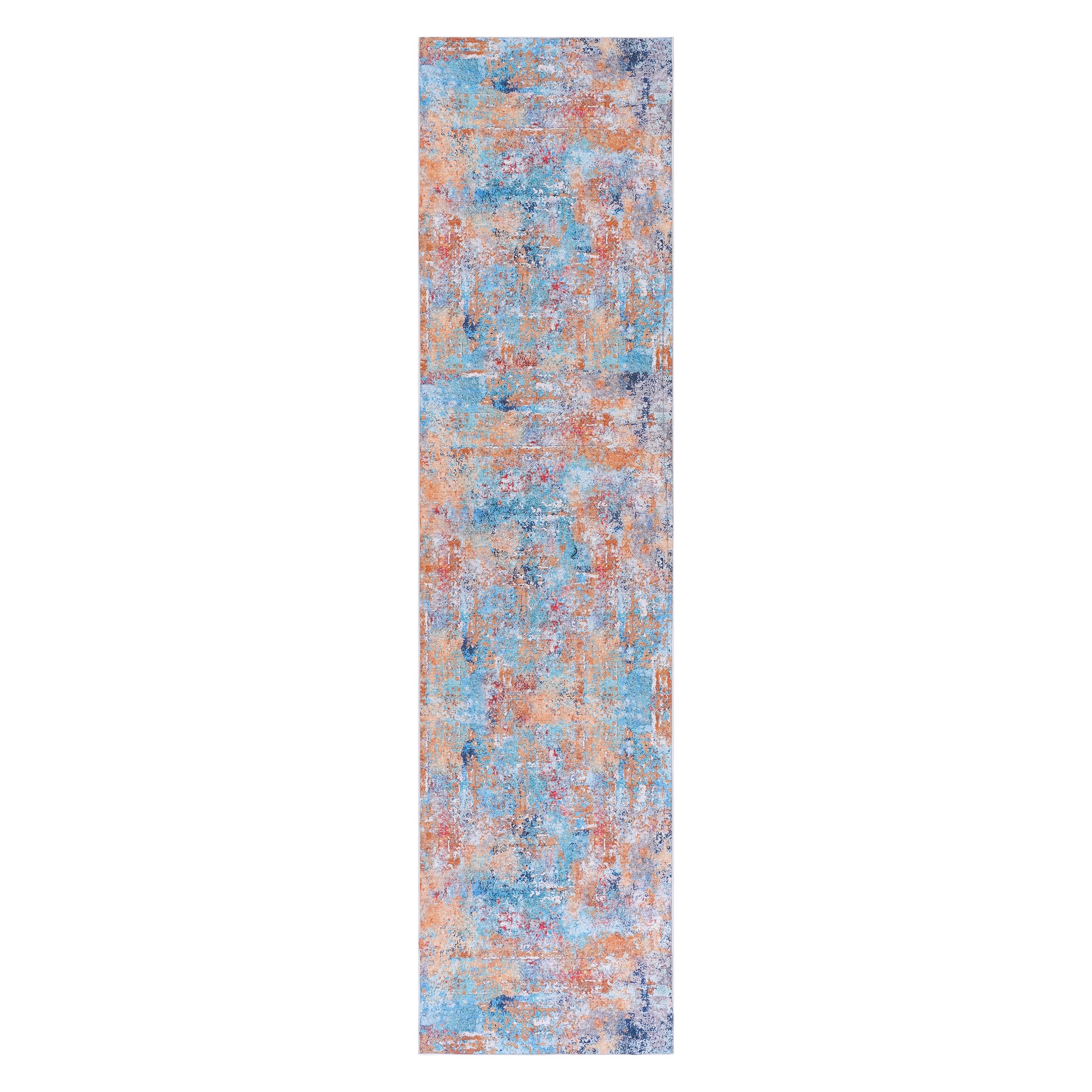 Distressed abstract pattern runner rug in blue orange and red tones