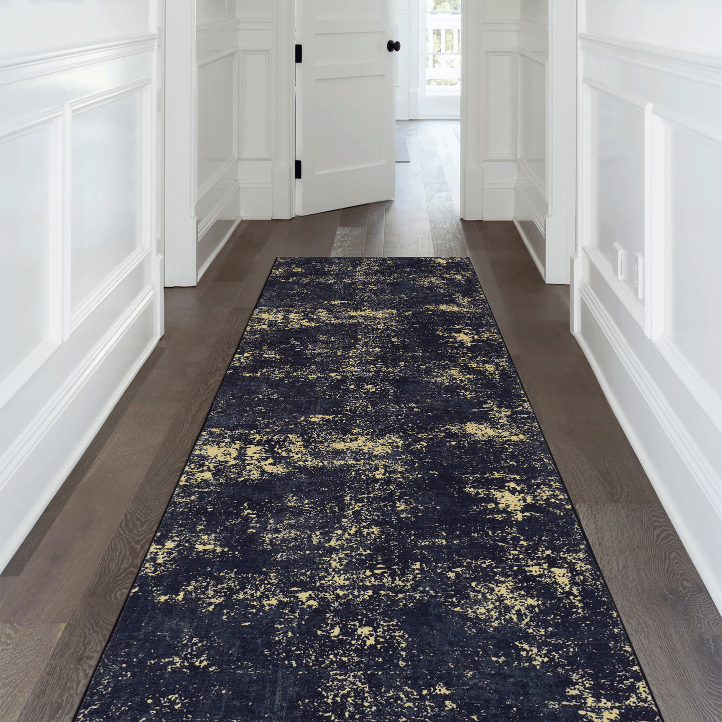 Dark blue abstract runner rug with gold distressed pattern for hallway x ft