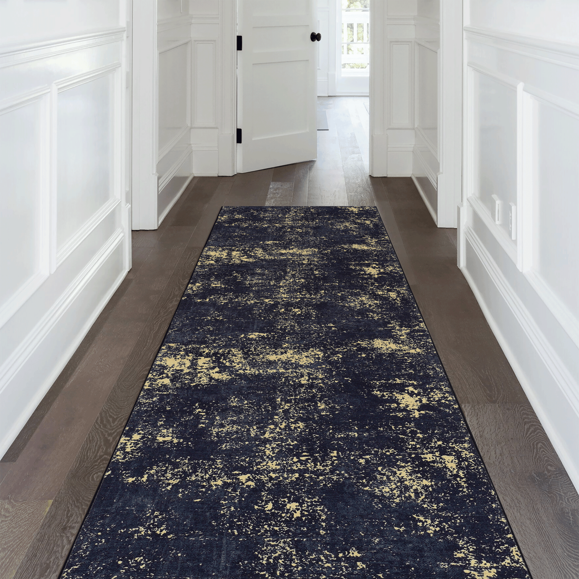 Dark blue abstract runner rug with gold distressed pattern for hallway x ft