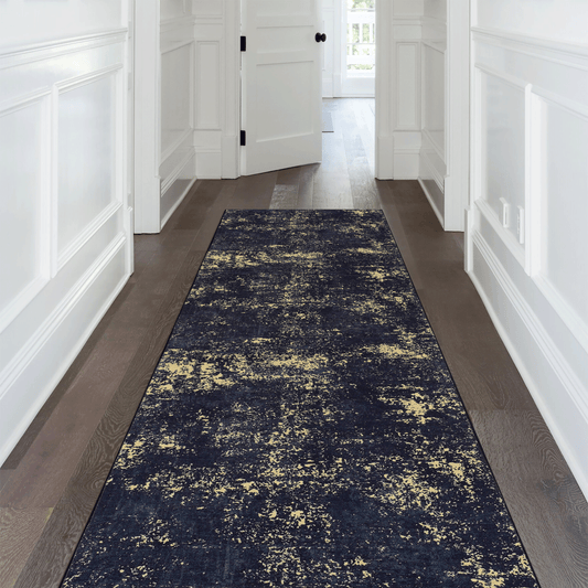Dark blue abstract runner rug with gold distressed pattern for hallway x ft