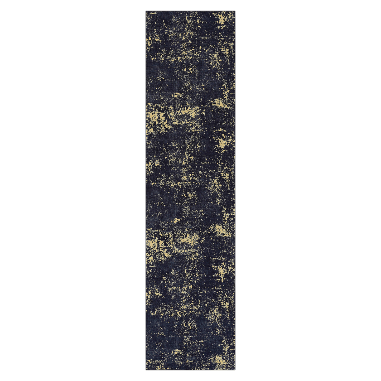 Dark blue distressed runner rug with gold abstract pattern