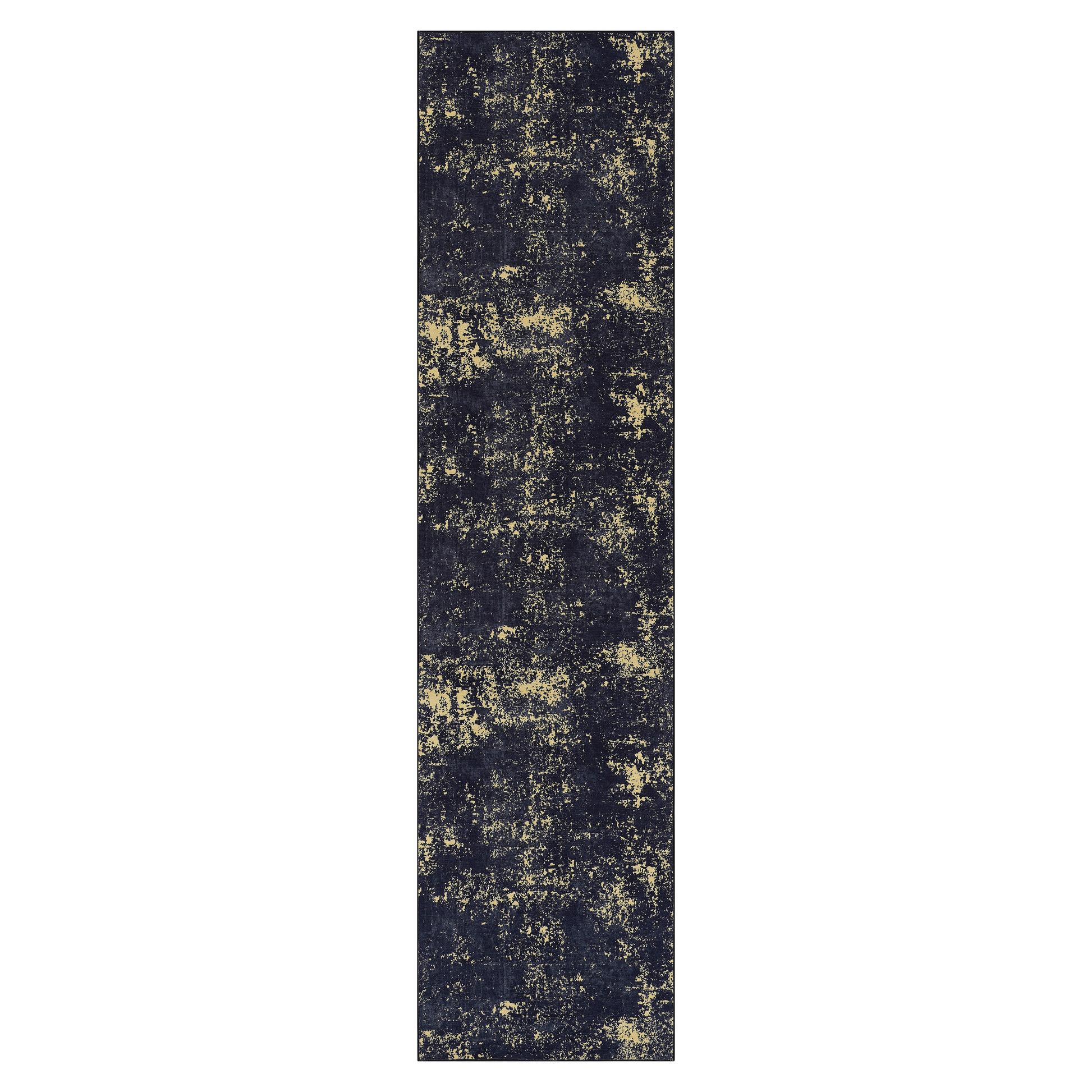 Dark blue distressed runner rug with gold abstract pattern