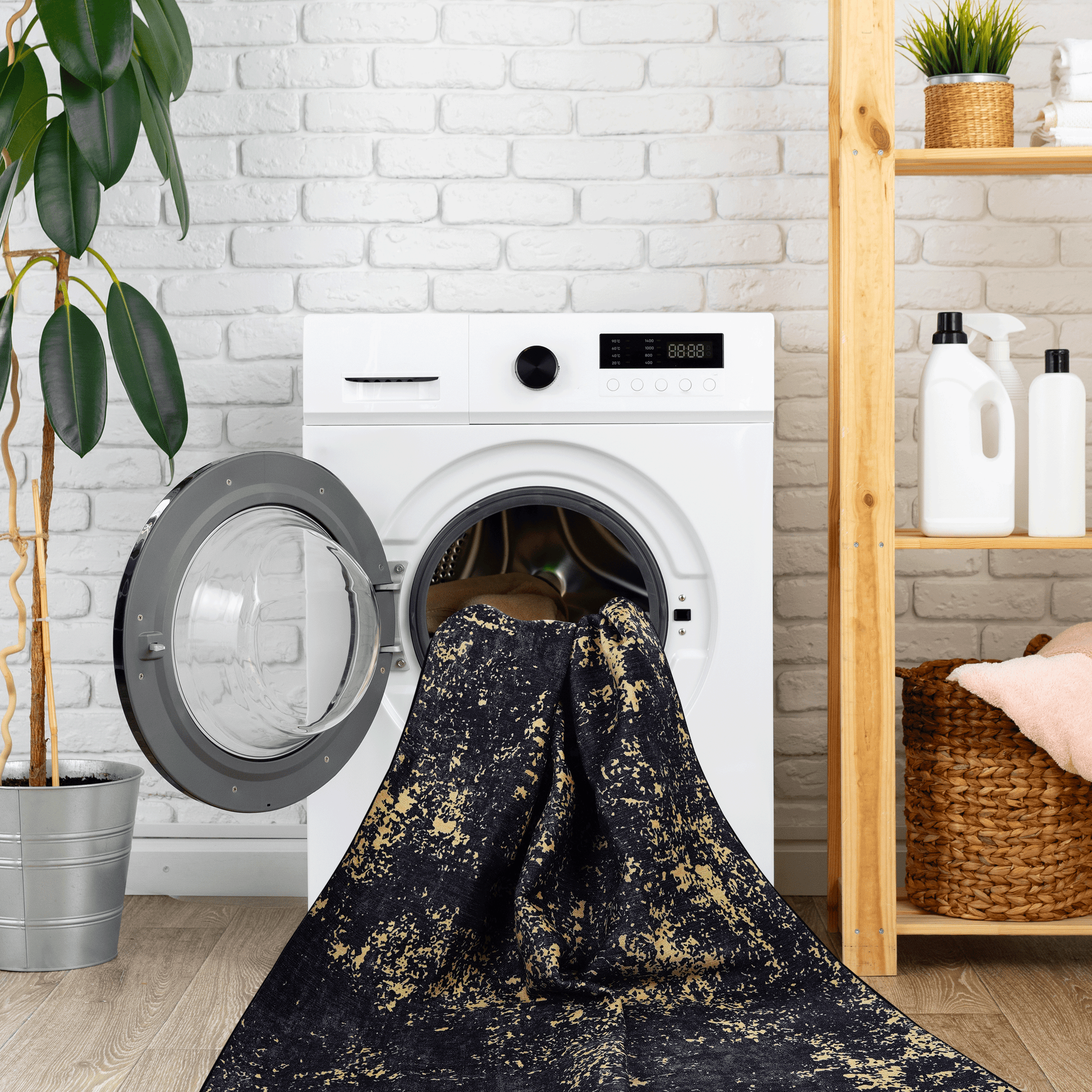 Dark abstract distressed area rug with gold accents soft plush texture