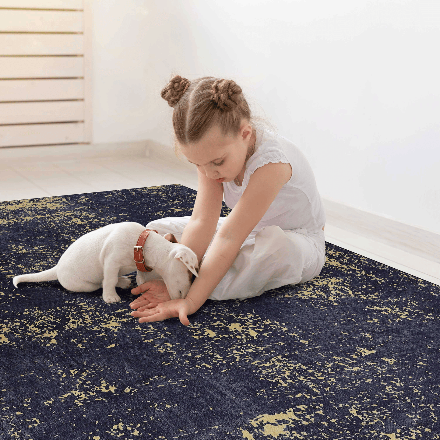 Navy blue distressed modern area rug with subtle gold flecks