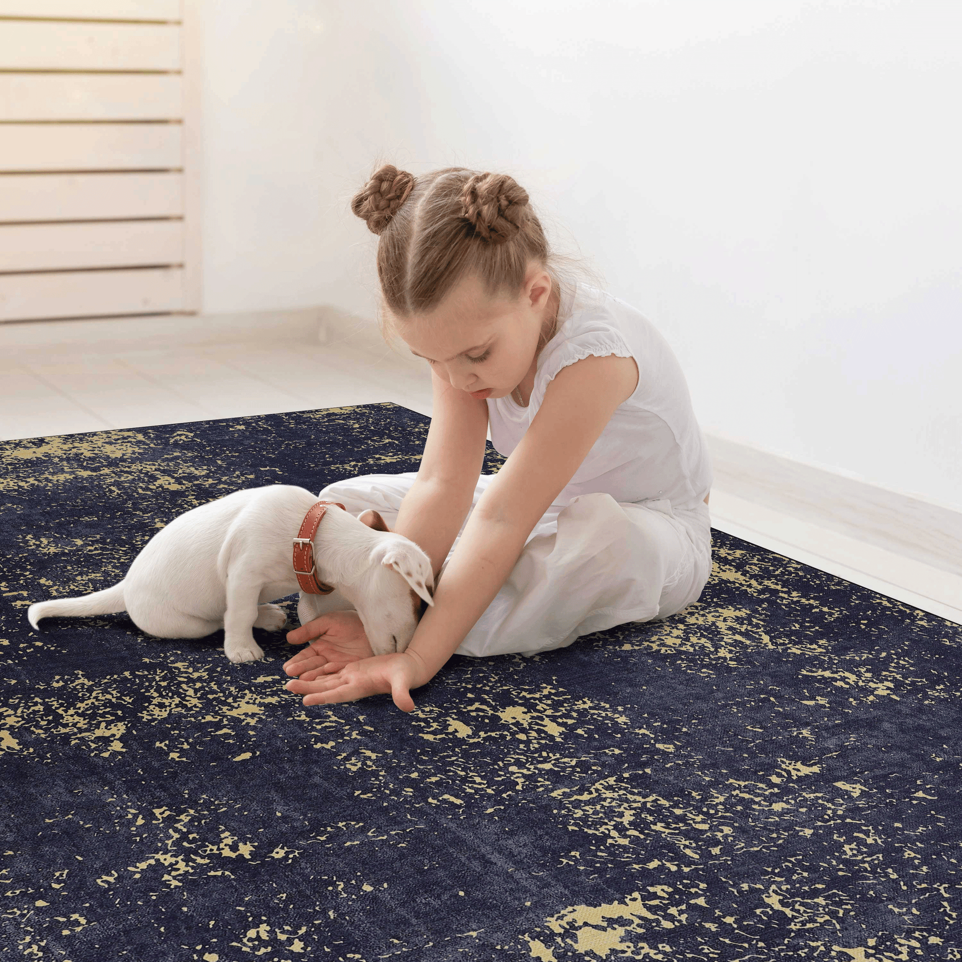 Navy blue distressed modern area rug with subtle gold flecks