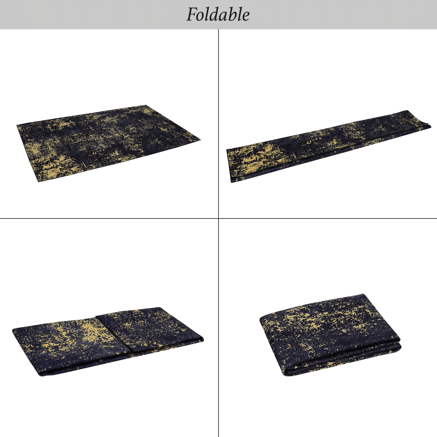 Dark navy rug with abstract gold splattered pattern spread out flat