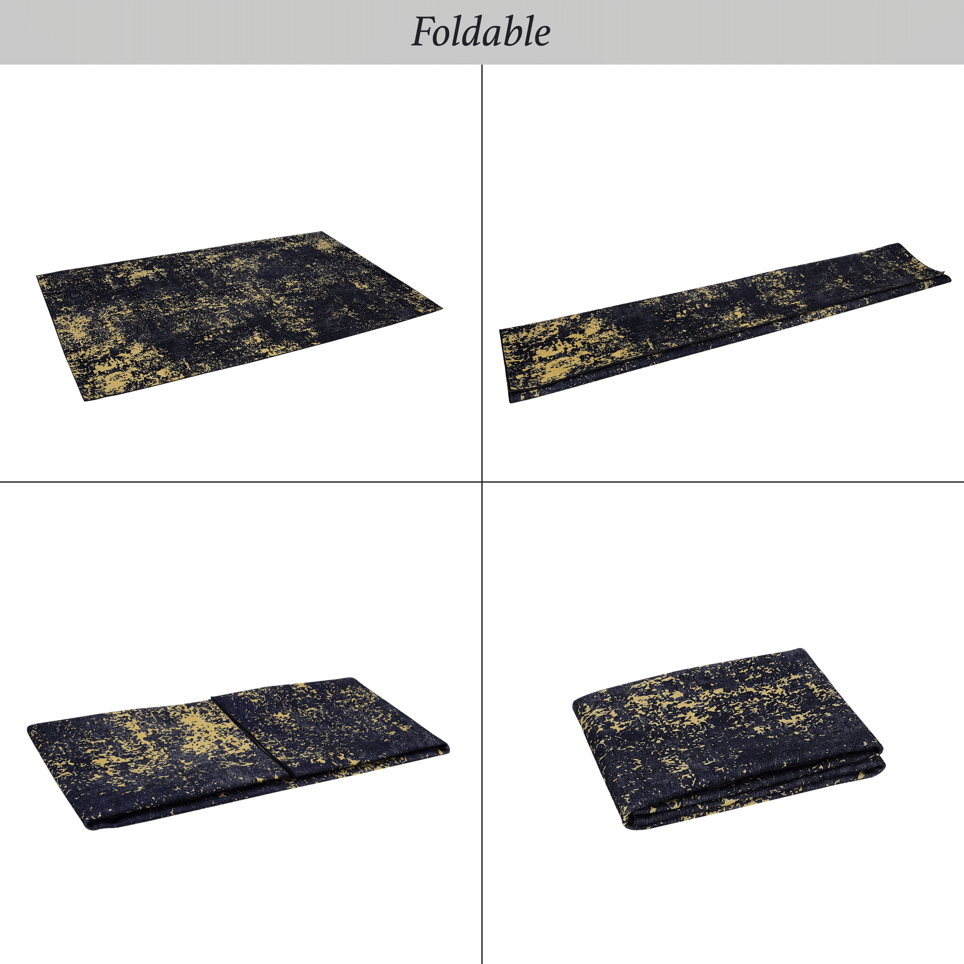 Dark navy rug with abstract gold splattered pattern spread out flat
