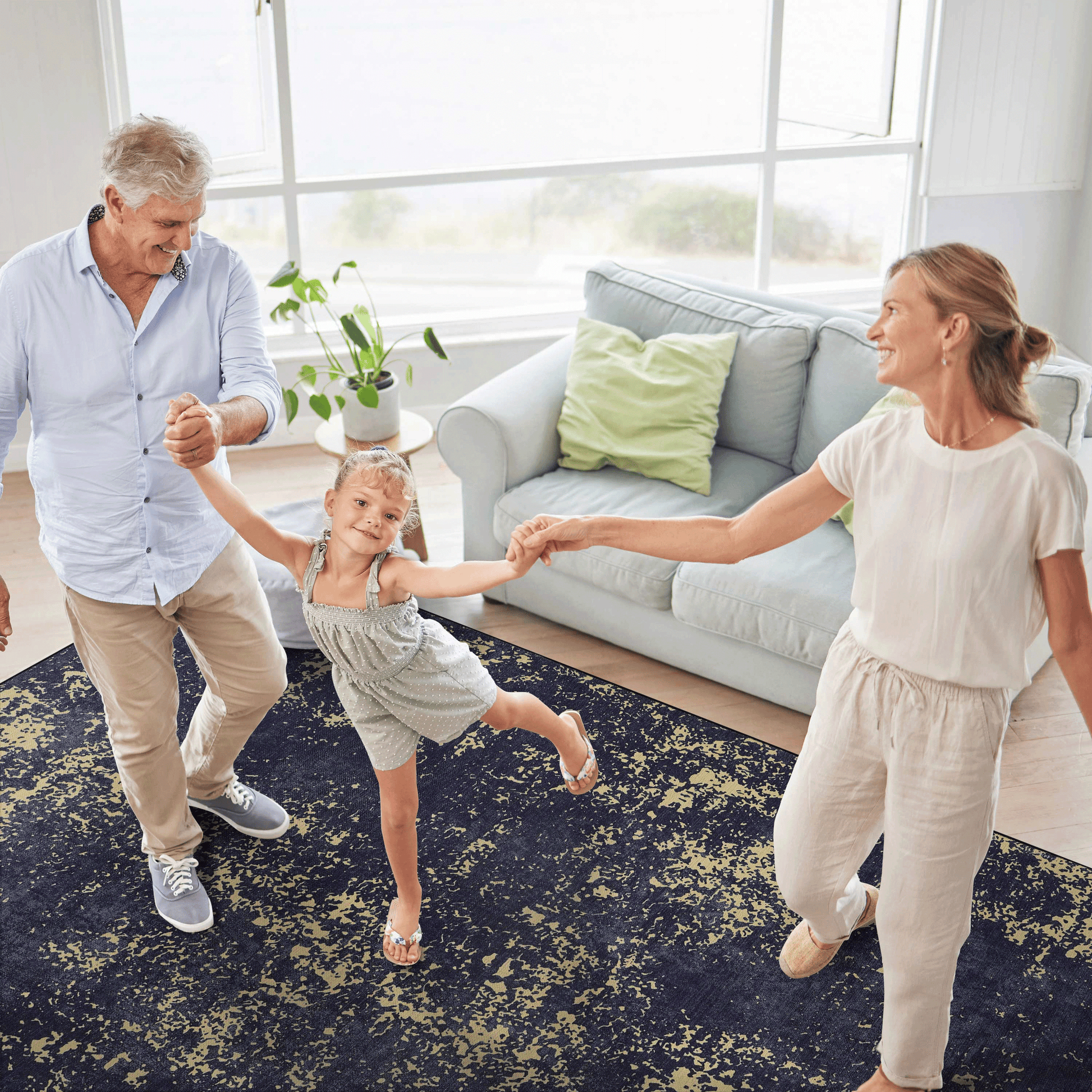 Dark blue rug with abstract gold pattern ideal for living room decor