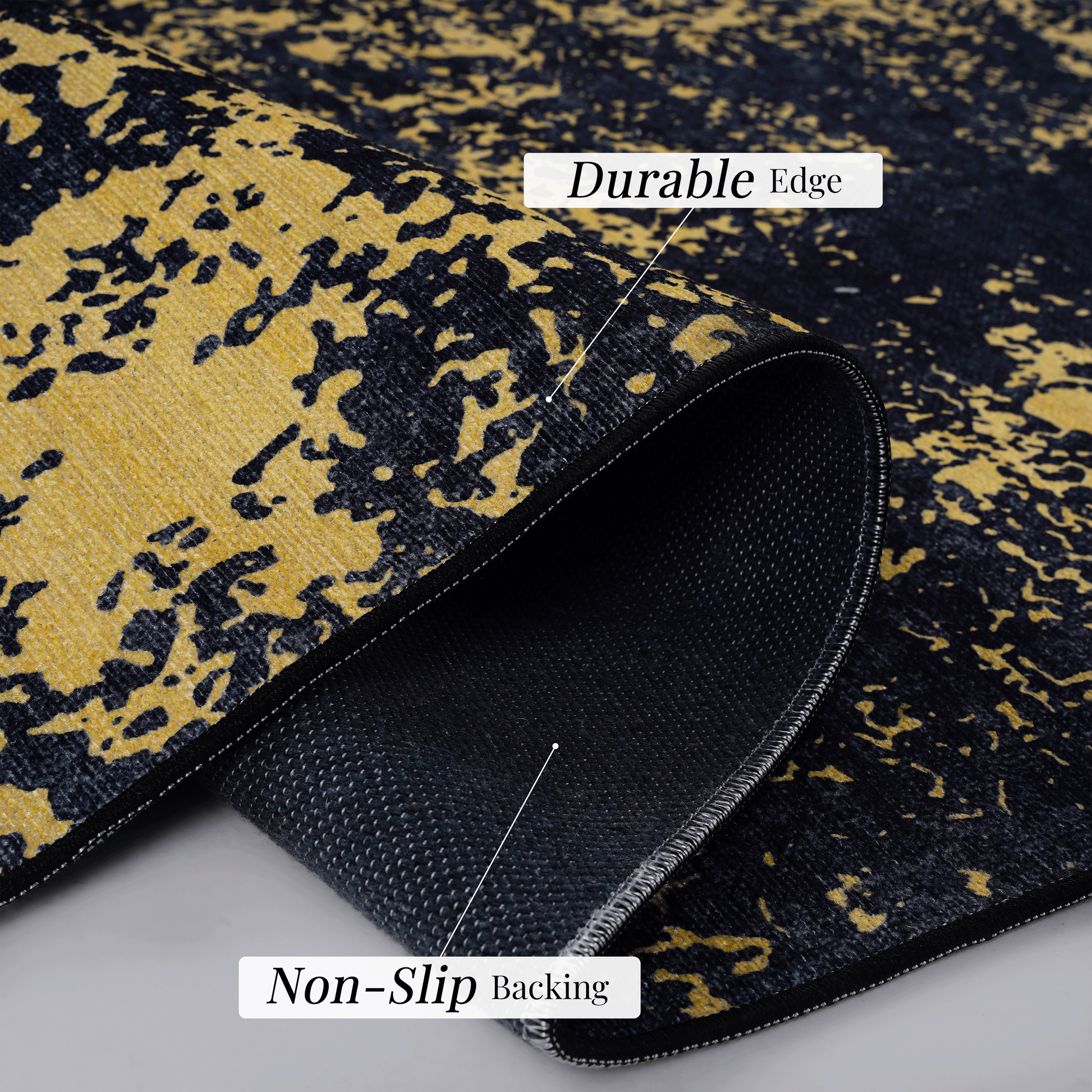 Abstract navy and gold rug detail with durable edge and nonslip backing for home