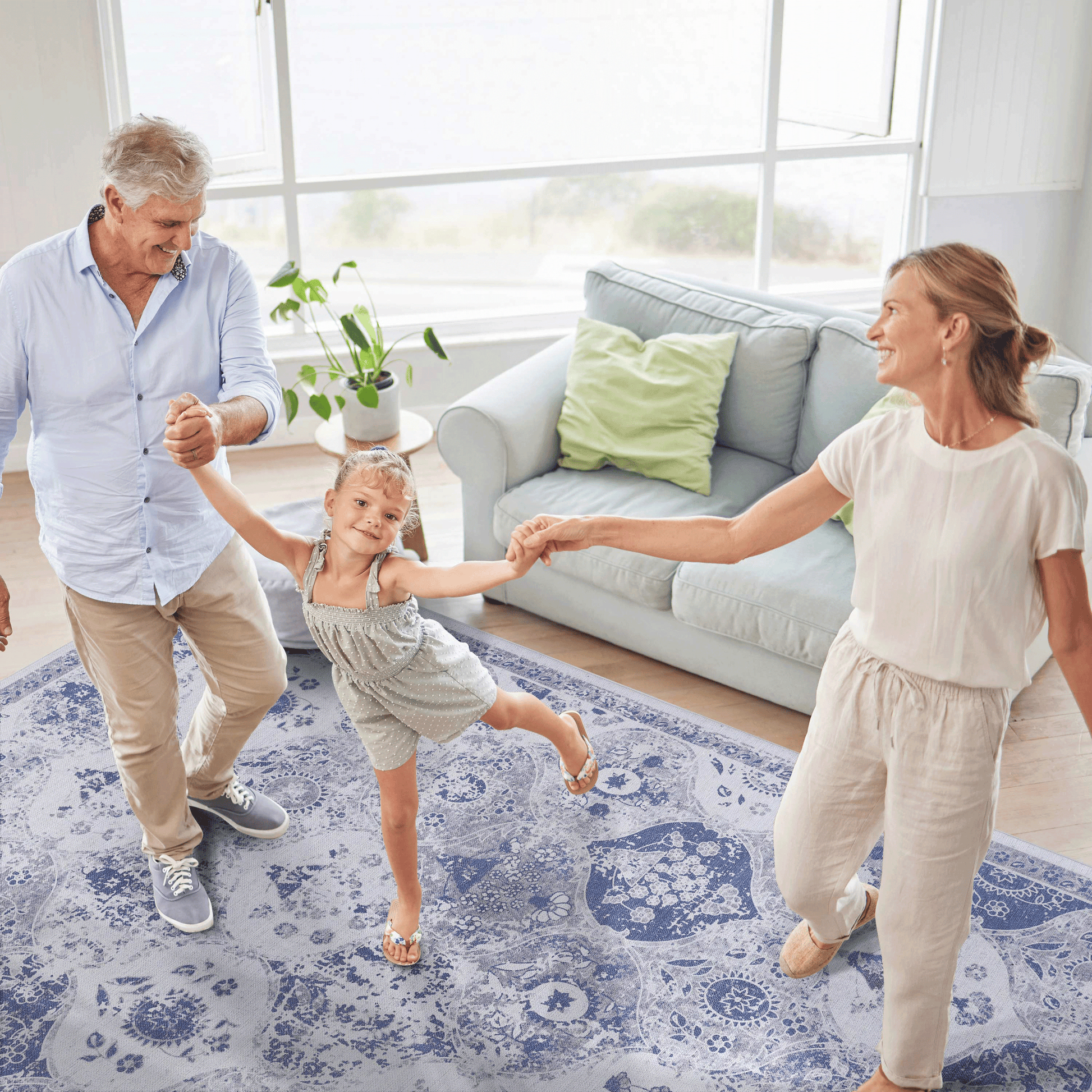 Traditional blue and white Persian rug with a distressed floral pattern