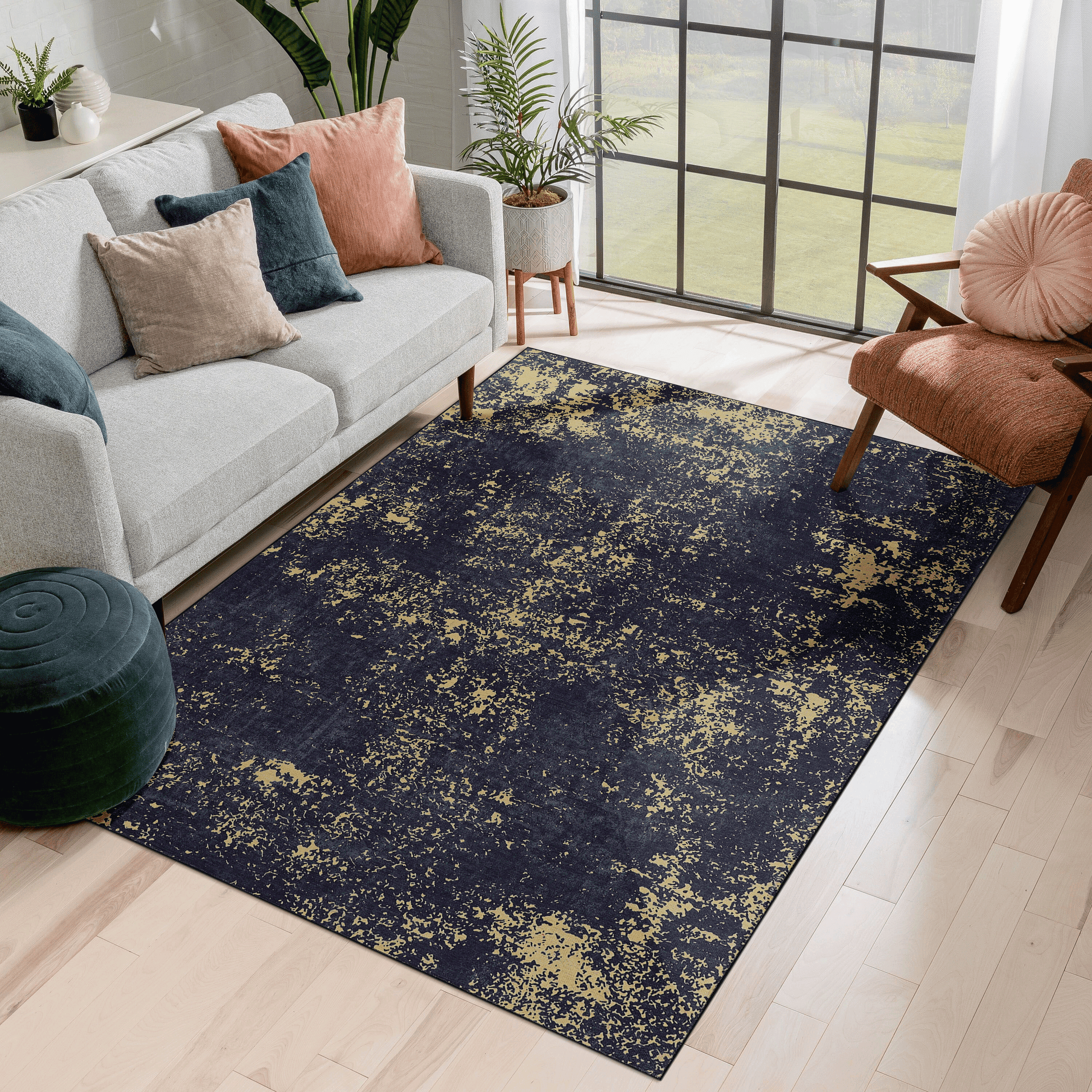 Dark navy rug with abstract gold distressed pattern x size