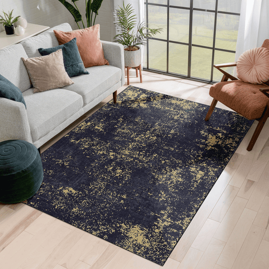Distressed abstract navy and gold area rug