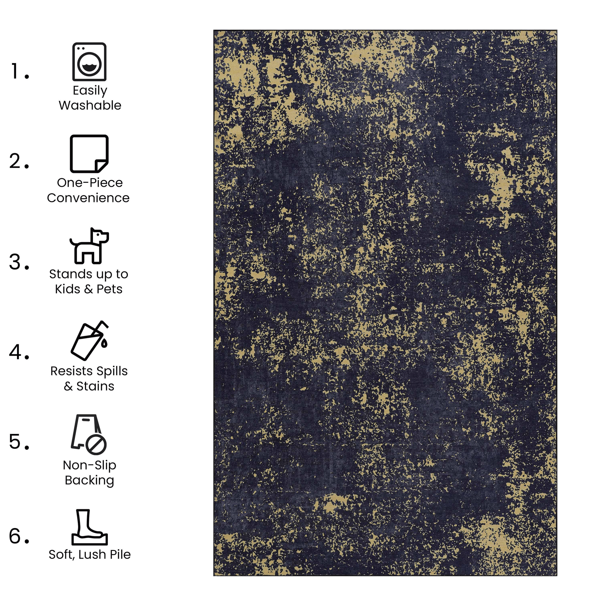 Closeup of a dark navy and beige abstract distressed pattern rug