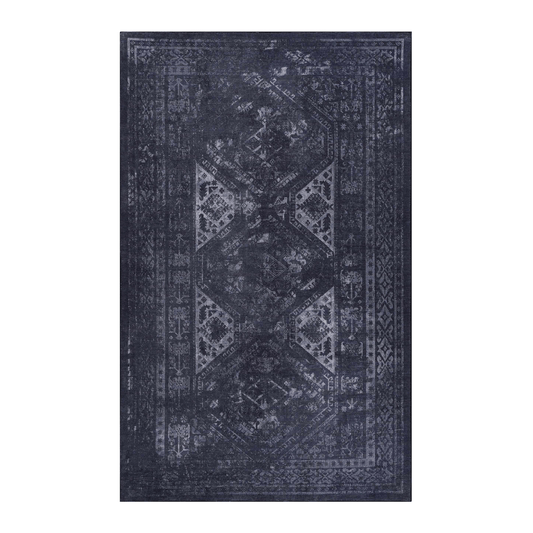 Dark navy distressed Oriental rug with intricate geometric patterns and faded motifs