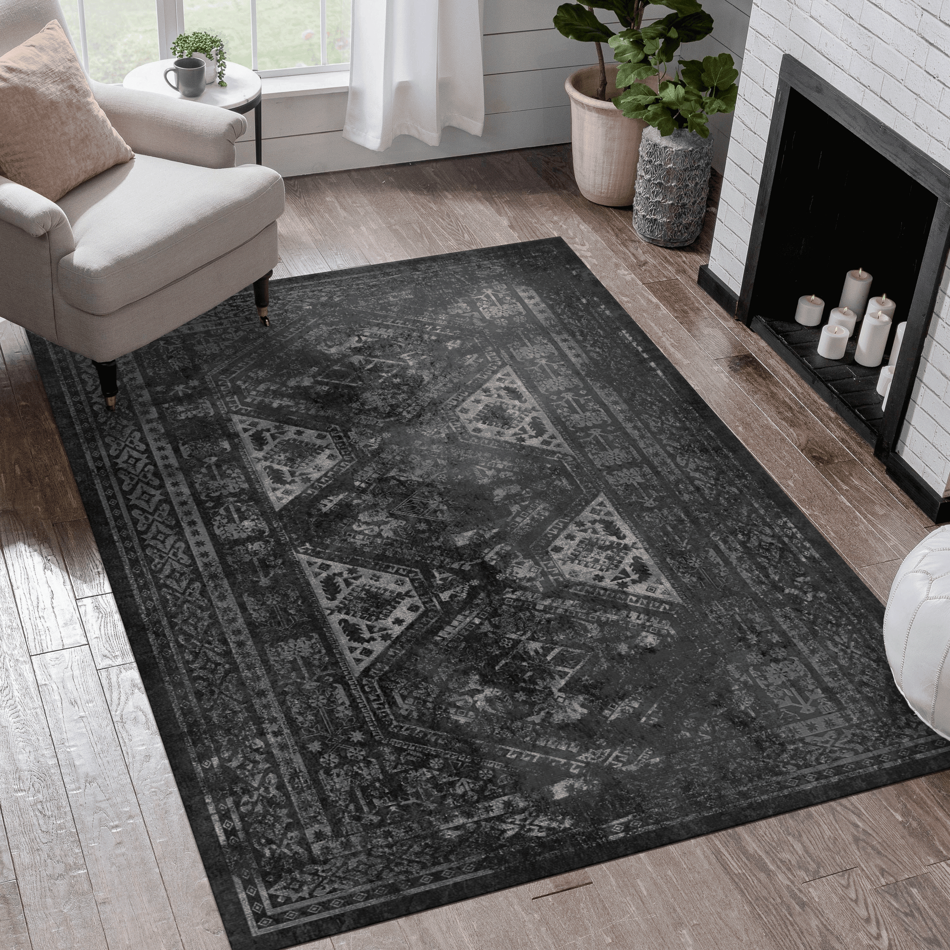Dark grey Persianstyle area rug with distressed traditional medallion pattern