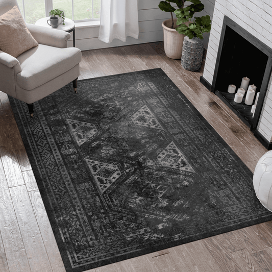 Dark grey Persianstyle area rug with distressed traditional medallion pattern