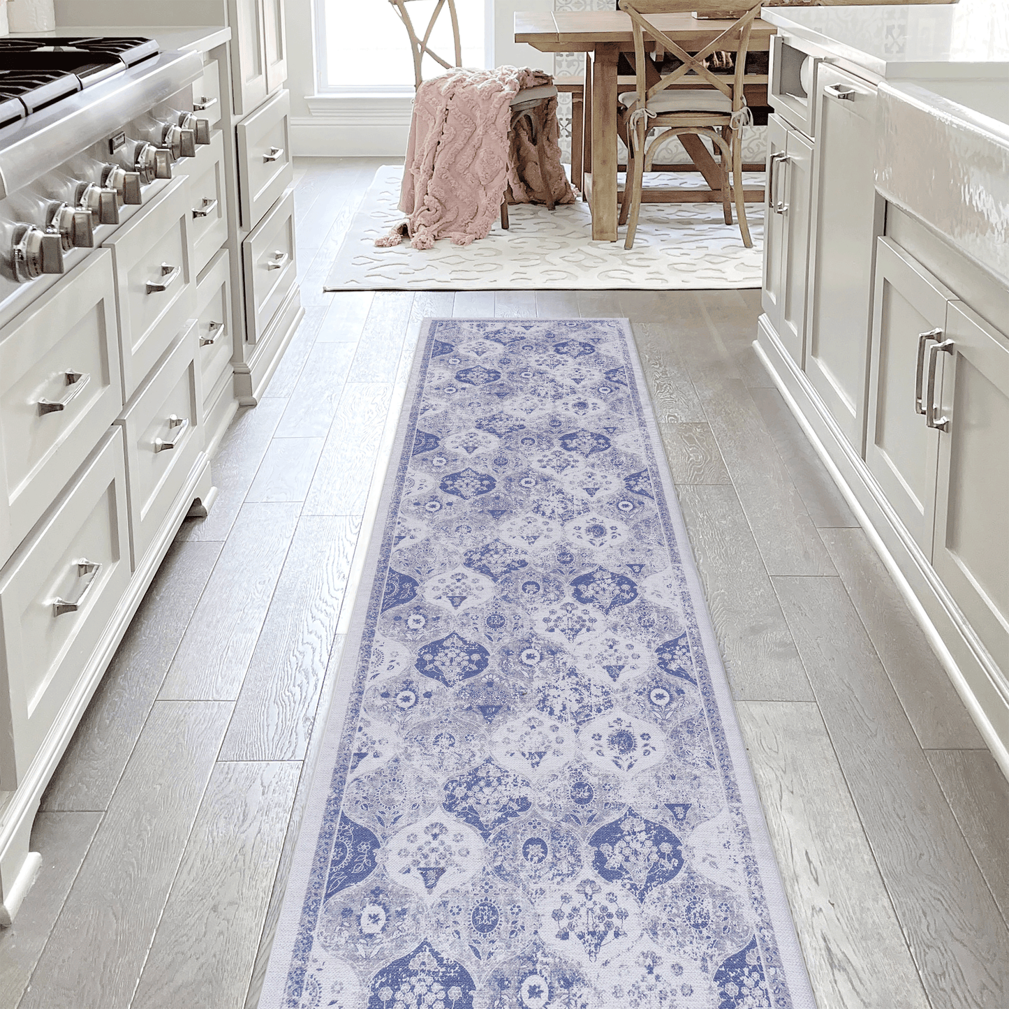 Blue patterned runner rug with traditional damask motif for kitchen