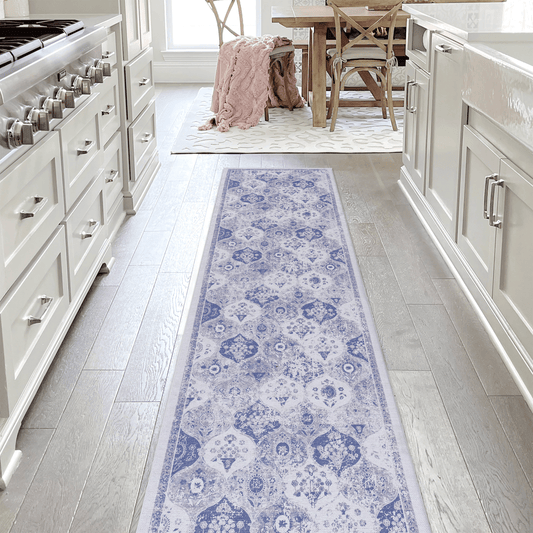 Blue patterned runner rug with traditional damask motif for kitchen