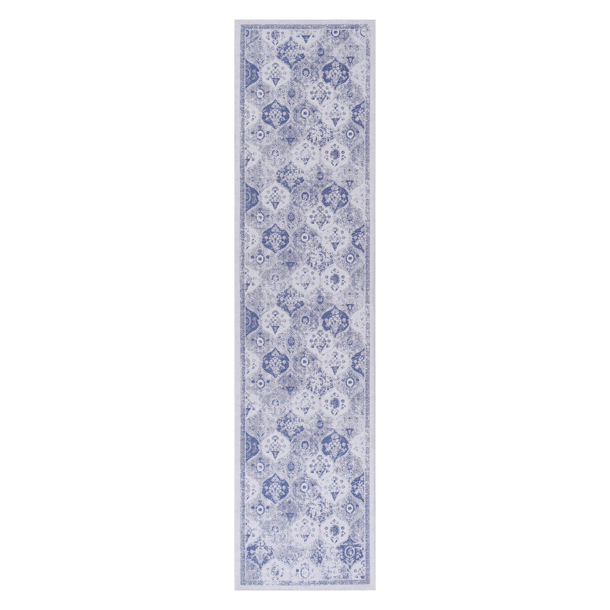 Distressed blue and white floral medallion runner rug with intricate vintage pattern