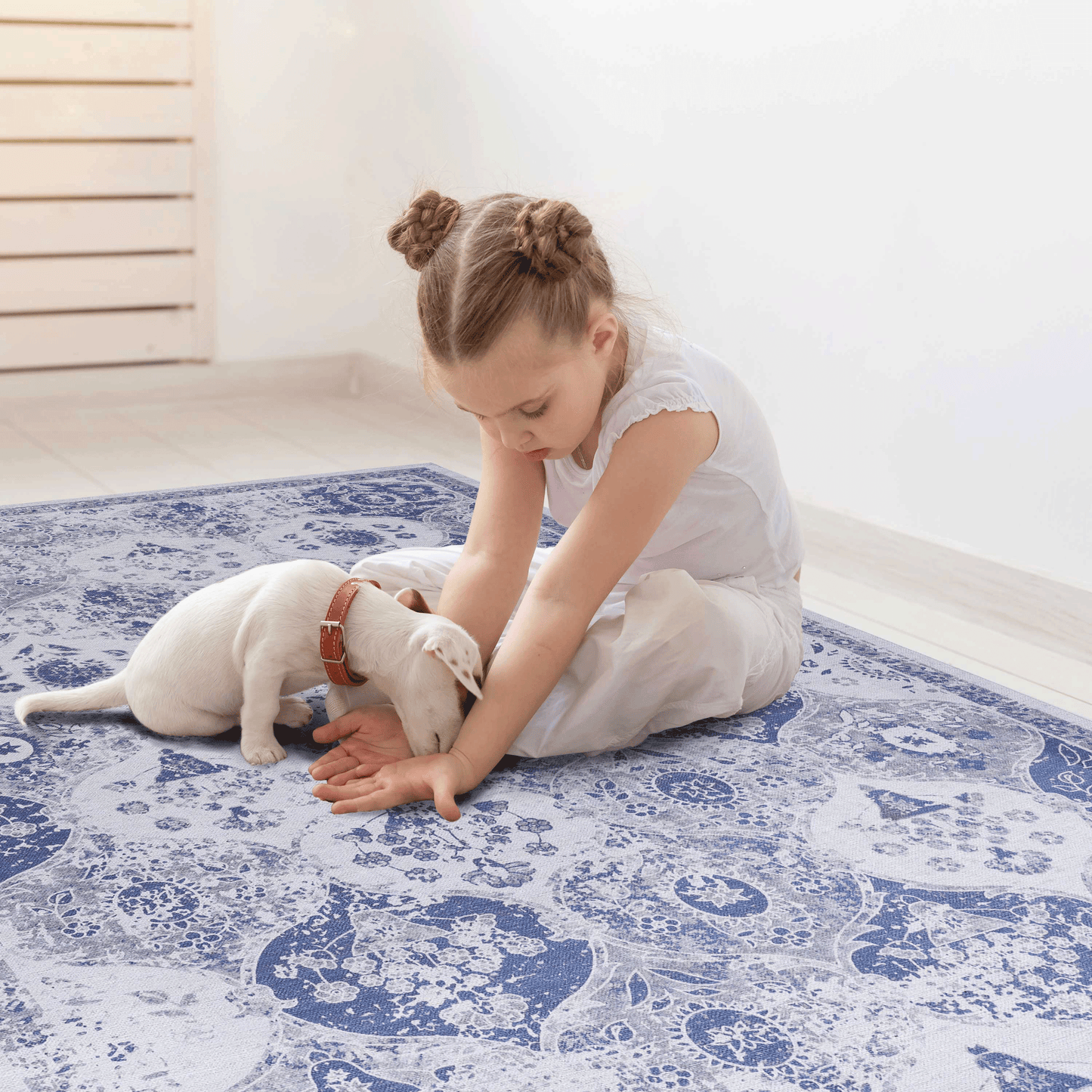 Blue and white distressed oriental rug with intricate floral and paisley patterns perfect for living room