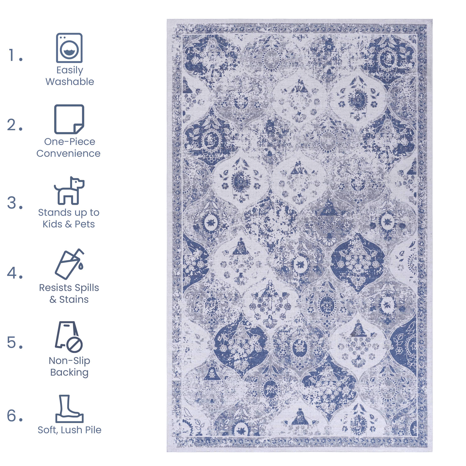 Distressed blue and white floral medallion area rug