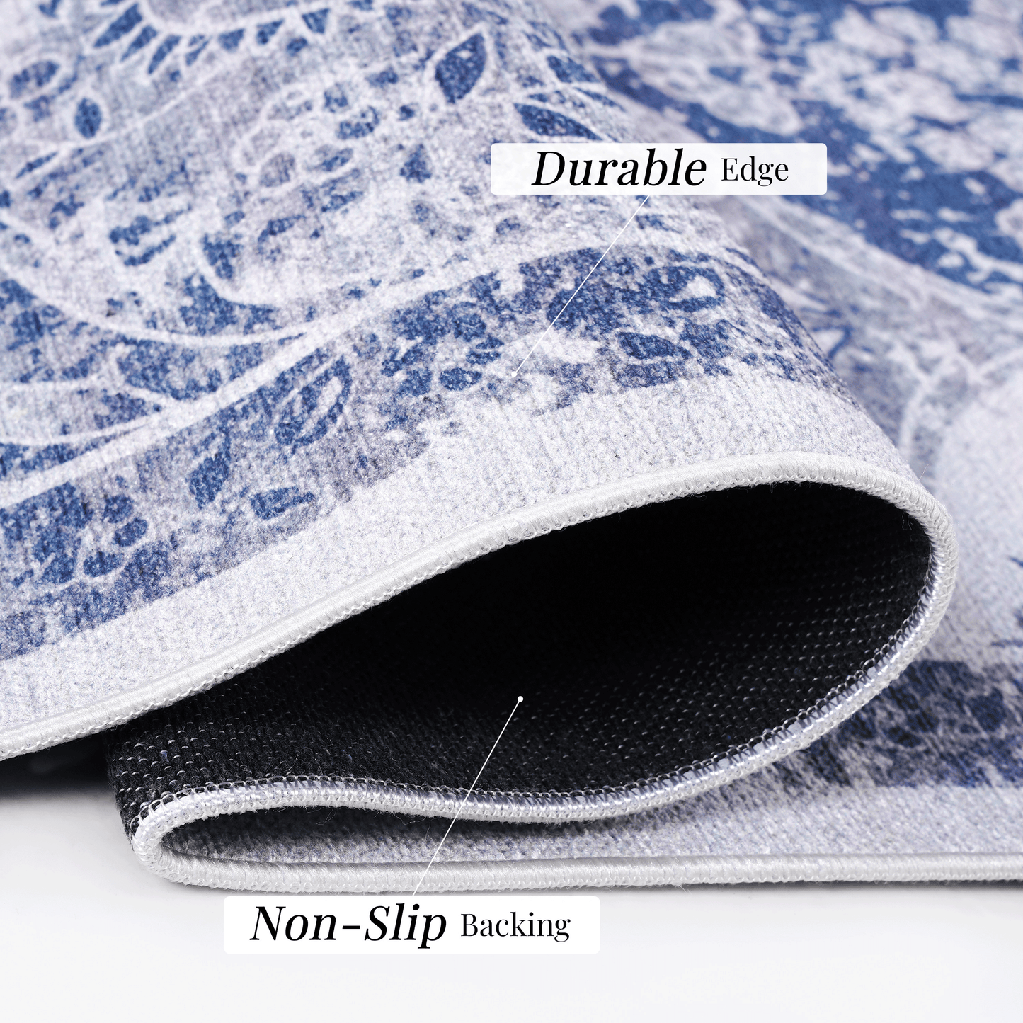 Blue and white damask rug with a durable edge for lasting style and wear resistance