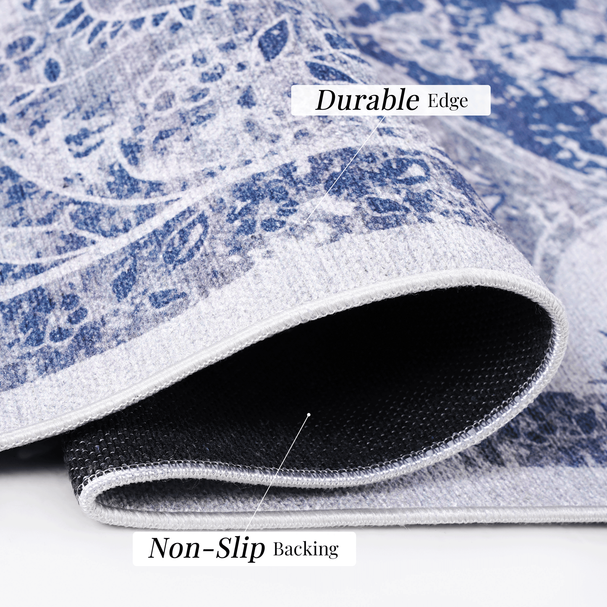 Blue and white damask rug with a durable edge for lasting style and wear resistance