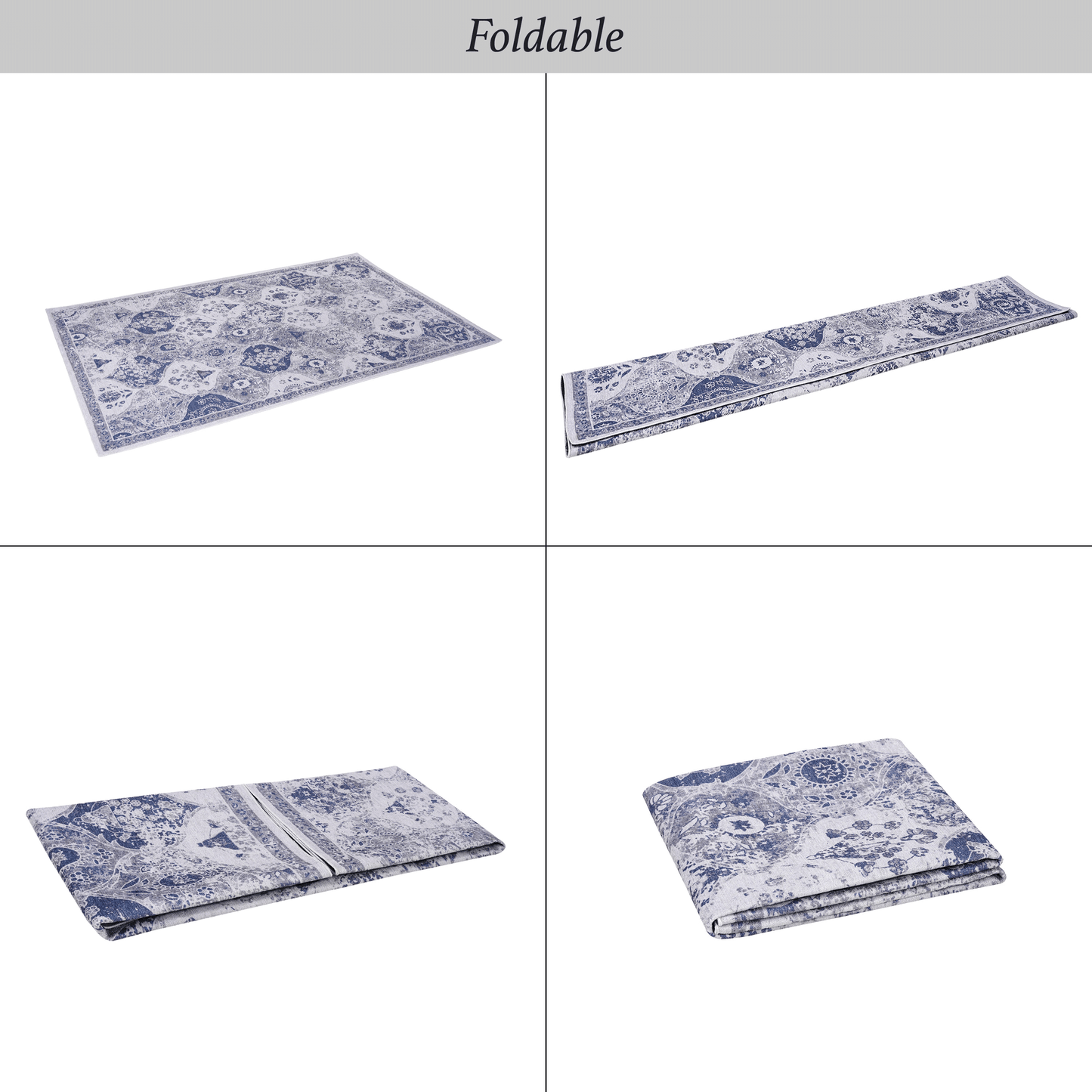 Blue and grey patterned foldable rug with distressed floral design