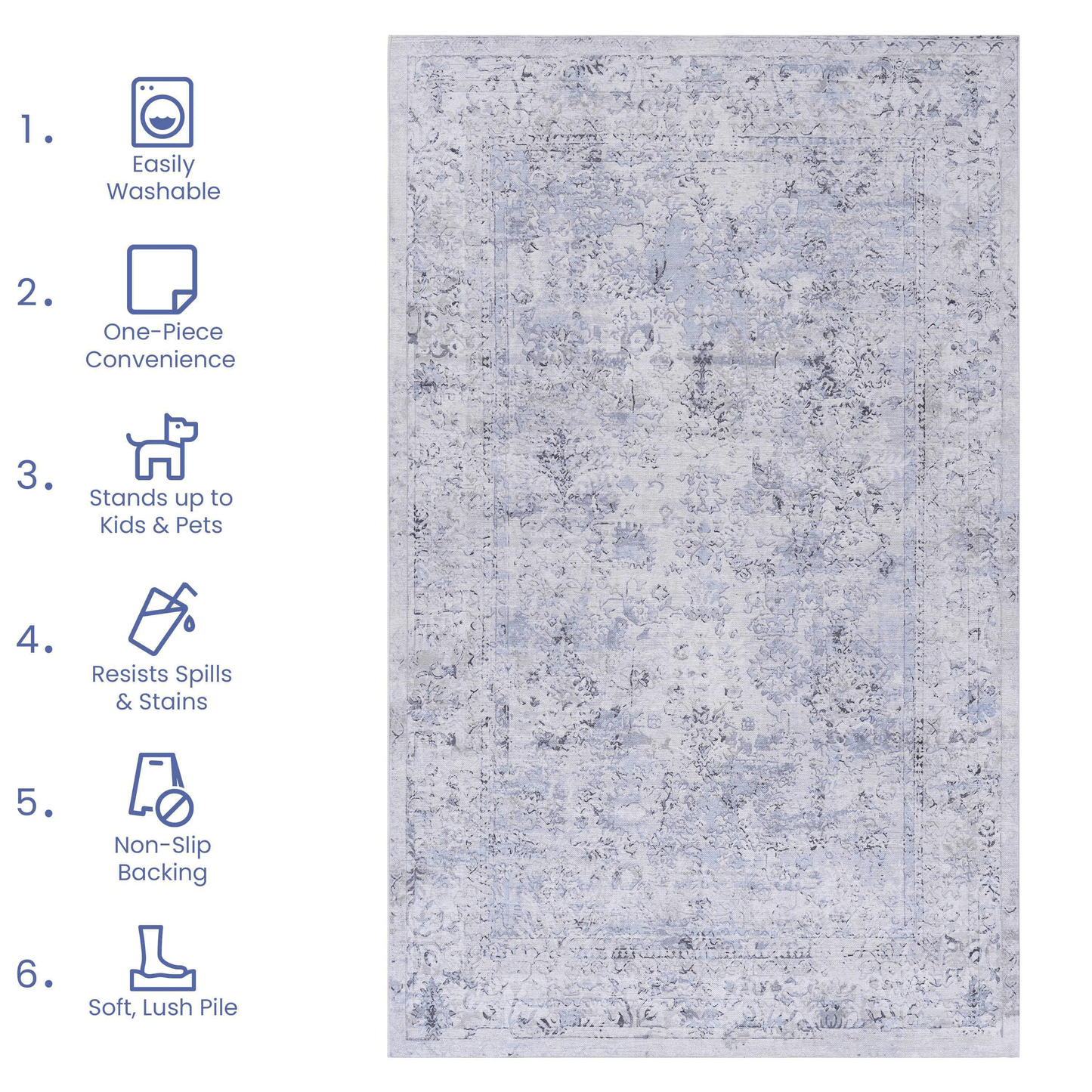Soft faded blue Persianstyle area rug with a distressed pattern and a textured finish