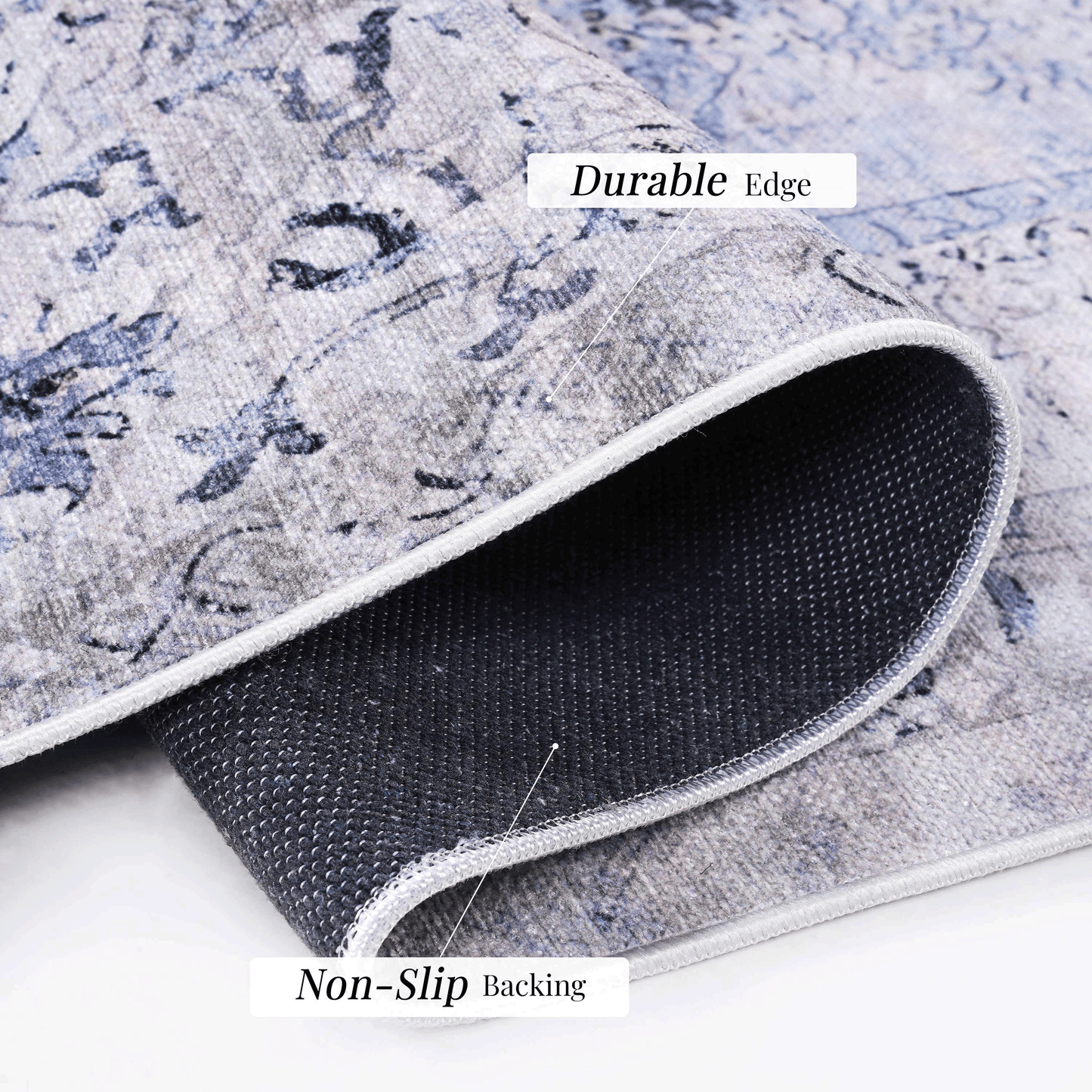 Closeup of a distressed grey and blue area rug with ornate patterns and a durable edge