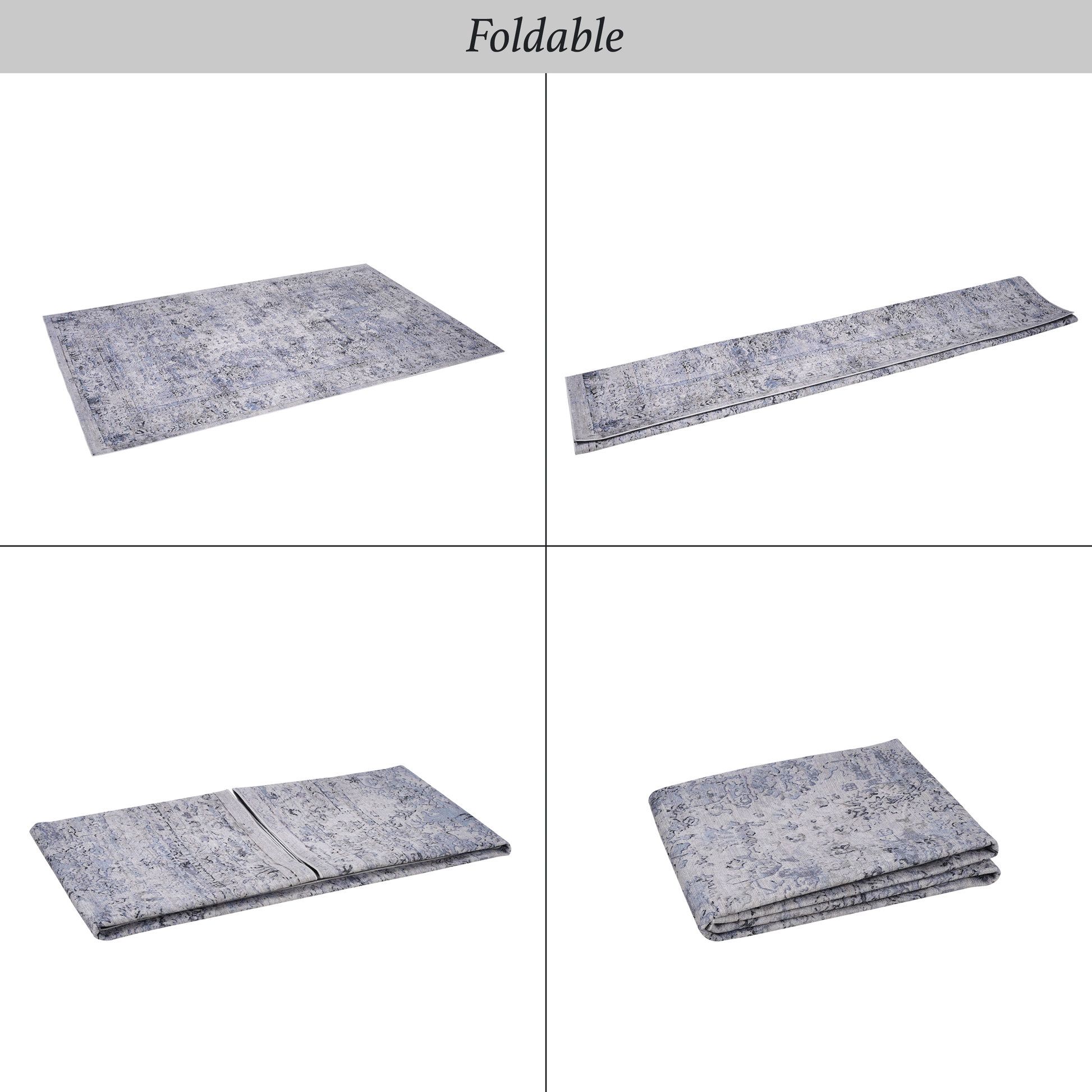 A grey and blue distressed oriental runner rug showcasing intricate floral patterns and a vintage style