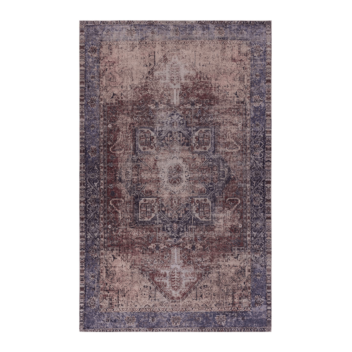 Distressed Persianstyle area rug with antique floral motifs in muted burgundy and blue tones