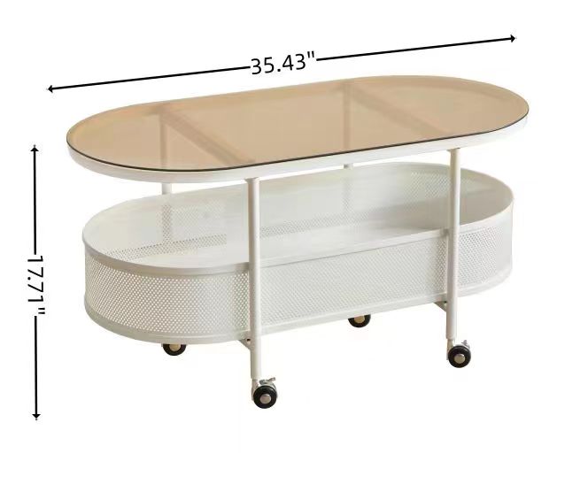 Modern white metal coffee table with oval smoked glass top and two storage shelves