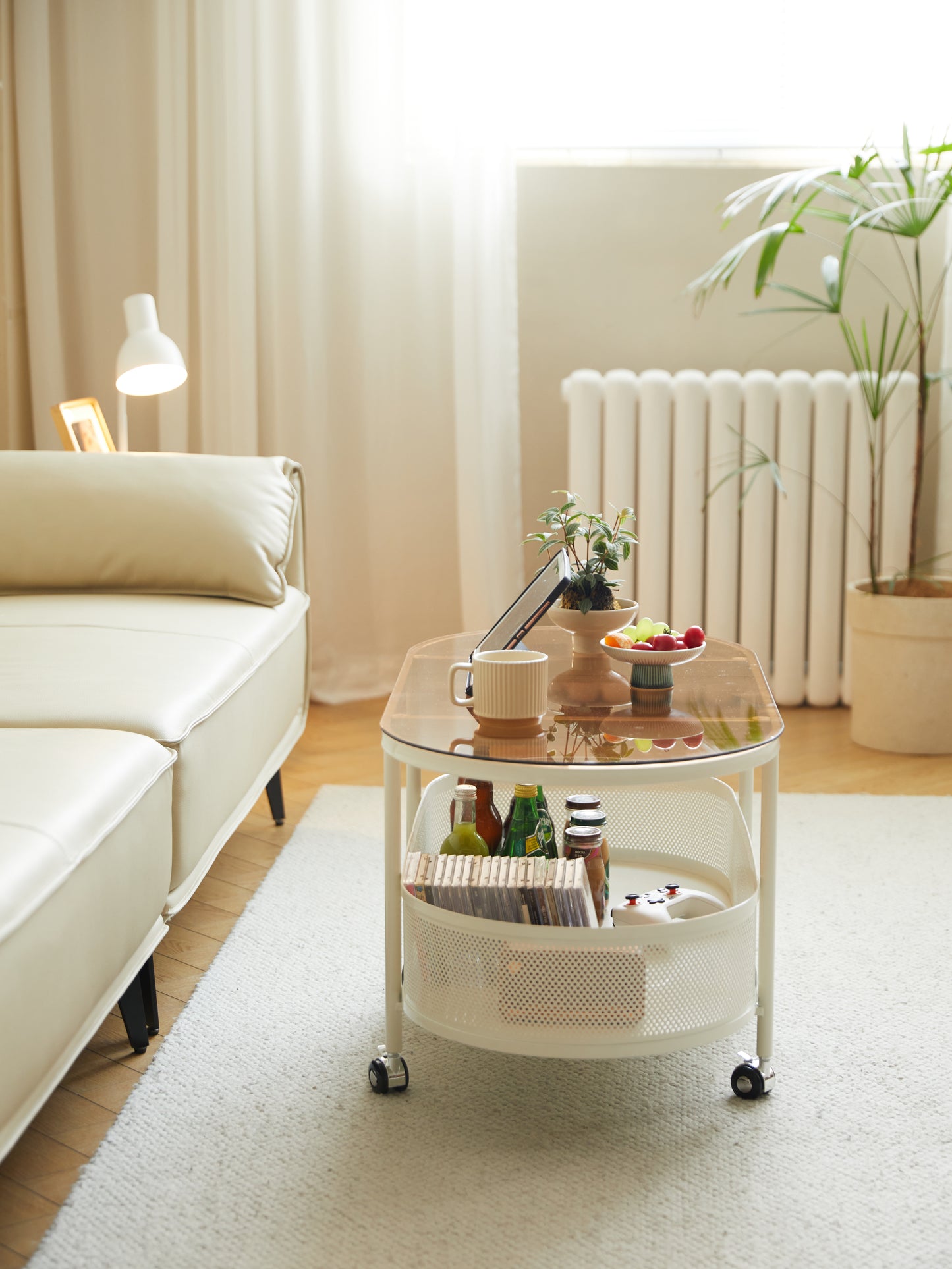 White leather sofa with plush cushions offering a modern and comfortable seating option