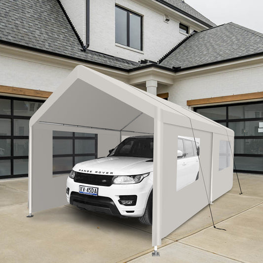 White portable carport protecting a white SUV from the elements