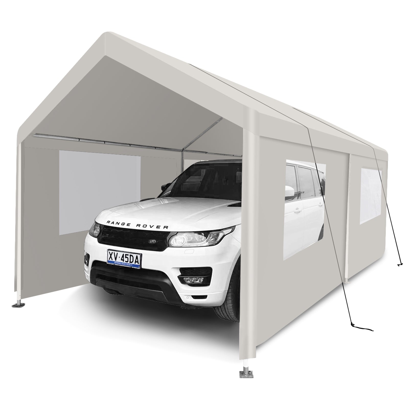 Light gray portable carport with white Range Rover inside