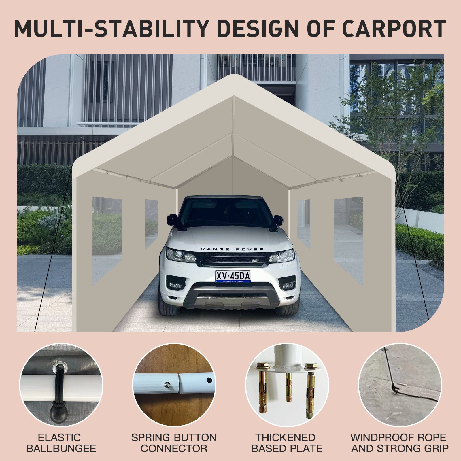 Beige heavyduty carport with white SUV parked inside showcasing its robust frame