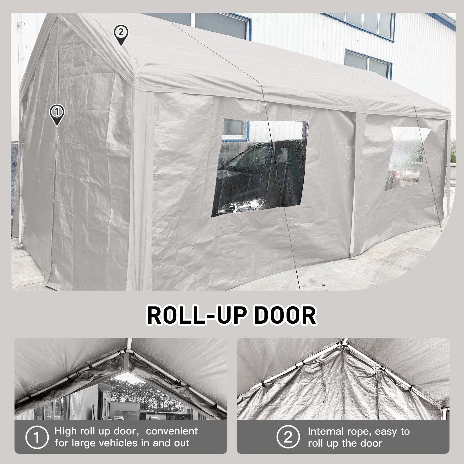 Large gray carport tent with rollup door and clear windows protecting a vehicle