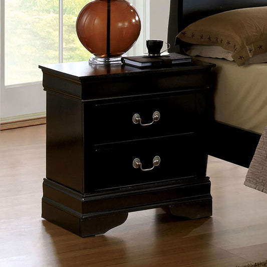Black wooden nightstand with two drawers and ornate silver pulls